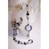 Black Crystal and Silver Beaded Lanyard Necklace / ID Badge with Watch
